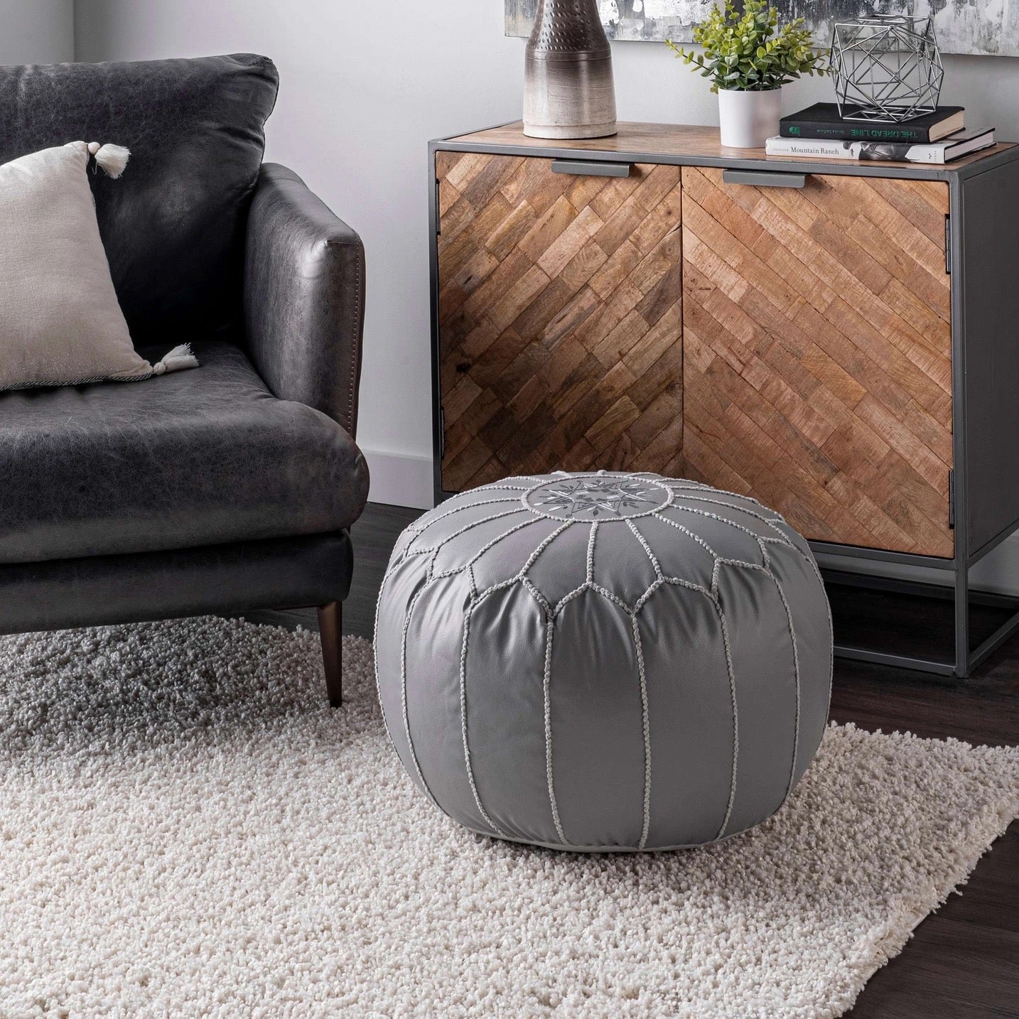 Classic Moroccan Faux Leather Filled Ottoman Pouf